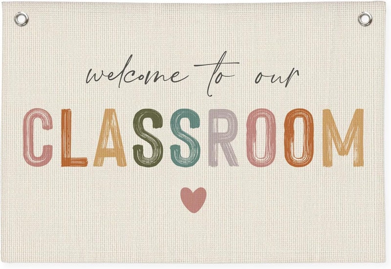 PLKMN Boho Classroom Decor Door Essentials, Welcome To Our Classroom Linen Canvas Banner Wall Hanging Flag, Boho Welcome Sign 20x30 Inch - Image 1